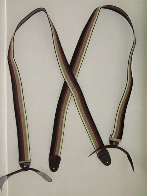 BUTTON-ON STRIPES: YELLOW, KHAKI, RUSTY BROWN, AND DARK BROWN. 1 1/2"X 48" Suspenders. PB120N48BROM